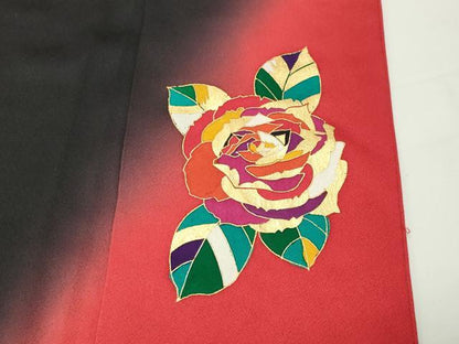 平和屋着物●染色作家　草野一騎　振袖　薔薇　暈し染め　黒地　金彩　正絹　逸品　CABD9323gh