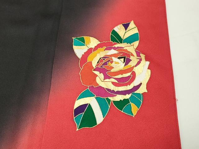 平和屋着物●染色作家　草野一騎　振袖　薔薇　暈し染め　黒地　金彩　正絹　逸品　CABD9323gh