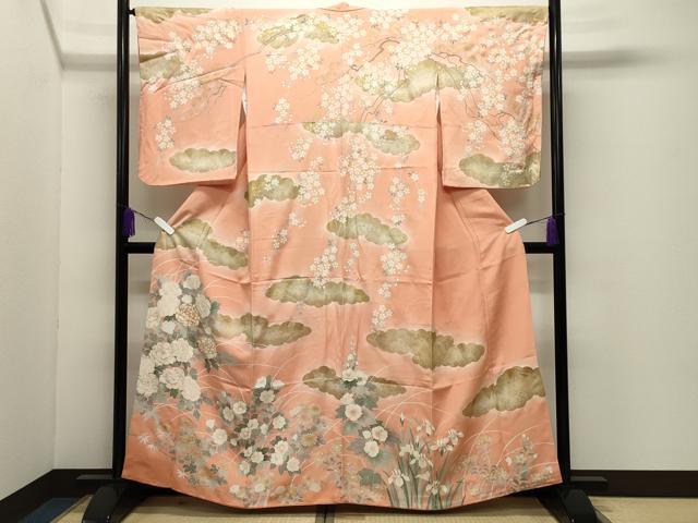 平和屋着物●訪問着　駒刺繍　雲重ね花文　暈し染め　金彩　正絹　逸品　CABD9325gh