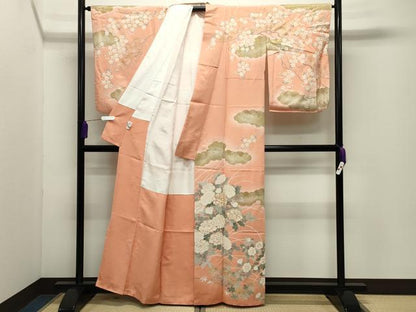 平和屋着物●訪問着　駒刺繍　雲重ね花文　暈し染め　金彩　正絹　逸品　CABD9325gh