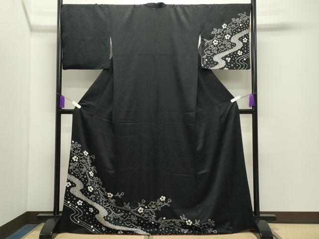 平和屋着物●訪問着　絞り　流水枝花文　黒地　ロング丈　正絹　逸品　CABD9327gh