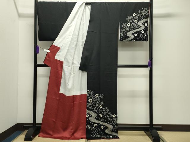 平和屋着物●訪問着　絞り　流水枝花文　黒地　ロング丈　正絹　逸品　CABD9327gh