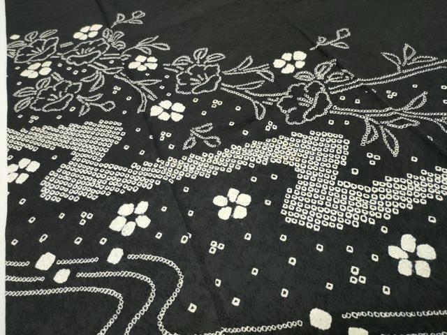 平和屋着物●訪問着　絞り　流水枝花文　黒地　ロング丈　正絹　逸品　CABD9327gh