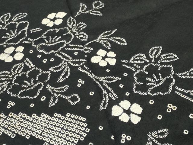 平和屋着物●訪問着　絞り　流水枝花文　黒地　ロング丈　正絹　逸品　CABD9327gh