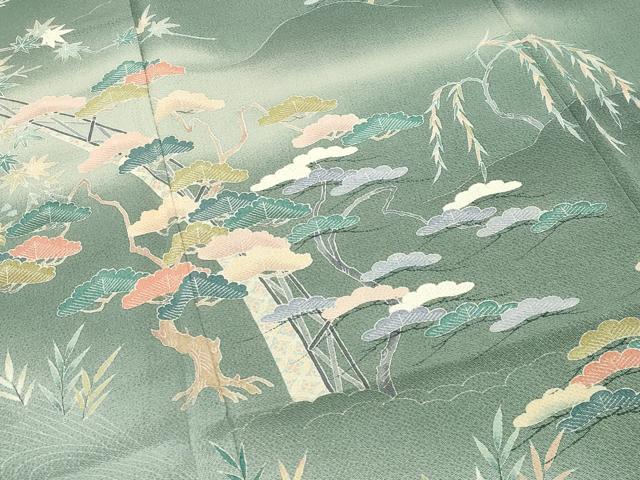 平和屋着物●訪問着　友禅　作家物　人物風景松竹梅文　暈し染め　鬼しぼ縮緬　正絹　逸品　CABD9338gh