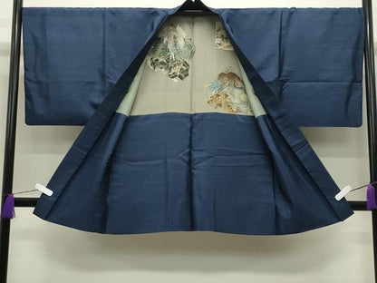 平和屋着物●男性　紬　アンサンブル　色無地　留紺色　正絹　逸品　CABD9344gh