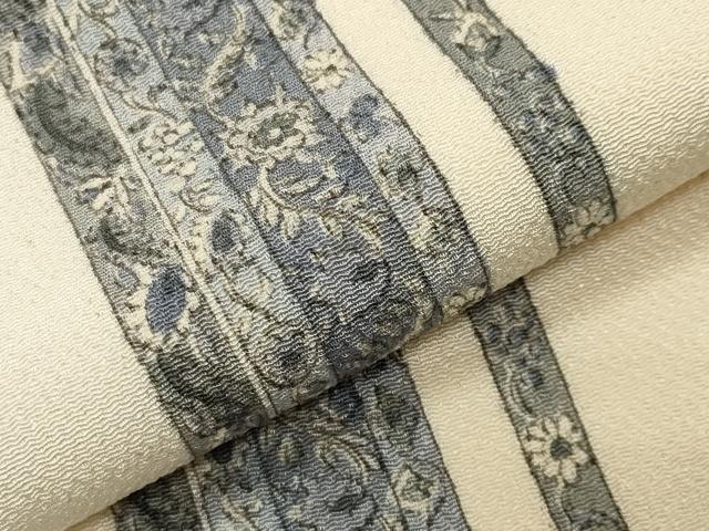 平和屋着物●上質な小紋　花唐草間道　鬼しぼ縮緬　正絹　逸品　CABD9349gh