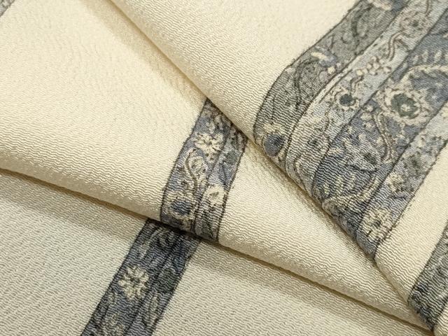 平和屋着物●上質な小紋　花唐草間道　鬼しぼ縮緬　正絹　逸品　CABD9349gh