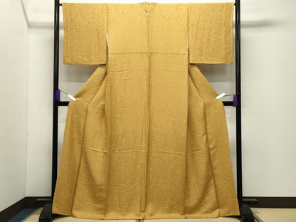 平和屋着物●上質な色無地　舞花地紋　山吹茶色　ロング丈　正絹　逸品　CABD9359gh