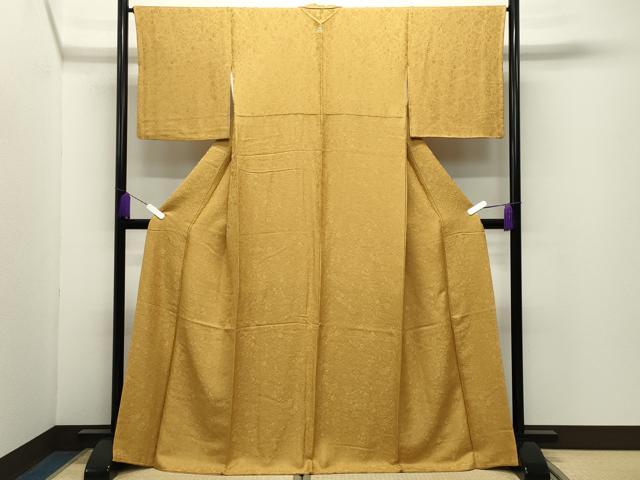 平和屋着物●上質な色無地　舞花地紋　山吹茶色　ロング丈　正絹　逸品　CABD9359gh