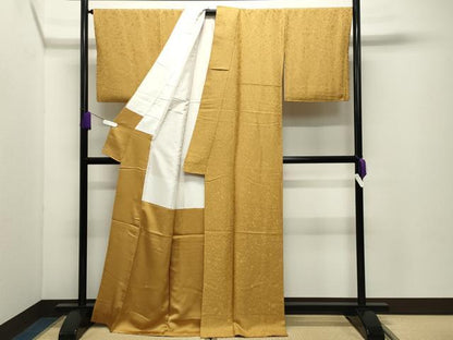 平和屋着物●上質な色無地　舞花地紋　山吹茶色　ロング丈　正絹　逸品　CABD9359gh