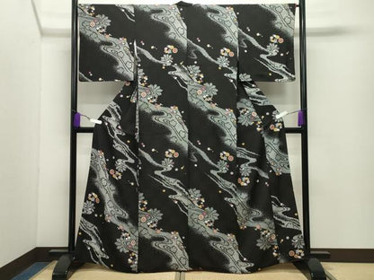 平和屋着物●上質な小紋　流水花文　黒地　そごう百貨店扱い　正絹　逸品　CABD9372gh