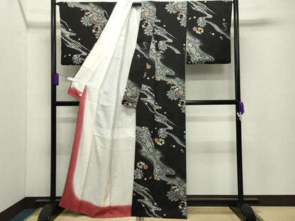 平和屋着物●上質な小紋　流水花文　黒地　そごう百貨店扱い　正絹　逸品　CABD9372gh