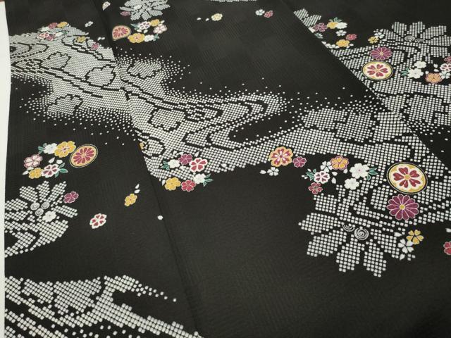 平和屋着物●上質な小紋　流水花文　黒地　そごう百貨店扱い　正絹　逸品　CABD9372gh