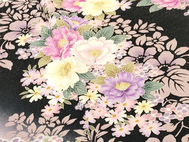 平和屋着物●豪華振袖　刺繍　舞花文　暈し染め　黒地　金銀糸　銀通し地　正絹　逸品　CABD9373gh