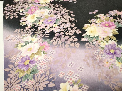 平和屋着物●豪華振袖　刺繍　舞花文　暈し染め　黒地　金銀糸　銀通し地　正絹　逸品　CABD9373gh