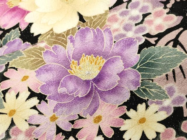 平和屋着物●豪華振袖　刺繍　舞花文　暈し染め　黒地　金銀糸　銀通し地　正絹　逸品　CABD9373gh