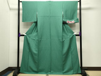 平和屋着物●上質な色無地　舞葉地紋　薄緑色　反端付き　正絹　逸品　未使用　CABD9384gh