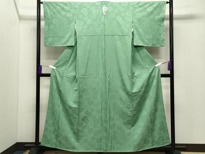 平和屋着物●上質な色無地　舞花地紋　若緑色　正絹　逸品　未使用　CABD9395gh