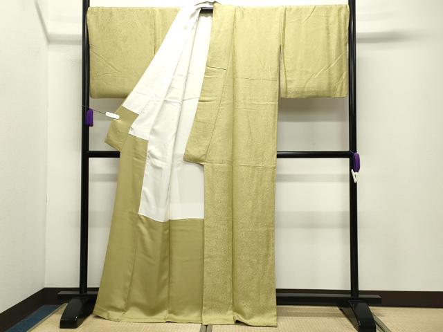 平和屋着物●上質な色無地　辻が花地紋　青朽葉色　ロング丈　正絹　逸品　CABD9396gh