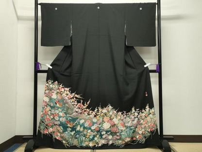 平和屋着物●豪華黒留袖　友禅　作家物　鴛鴦花文　暈し染め　正絹　逸品　CABD9422gh