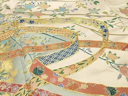 平和屋着物●豪華色留袖　駒刺繍　鬘帯花文　金彩　正絹　逸品　CABD9443gh