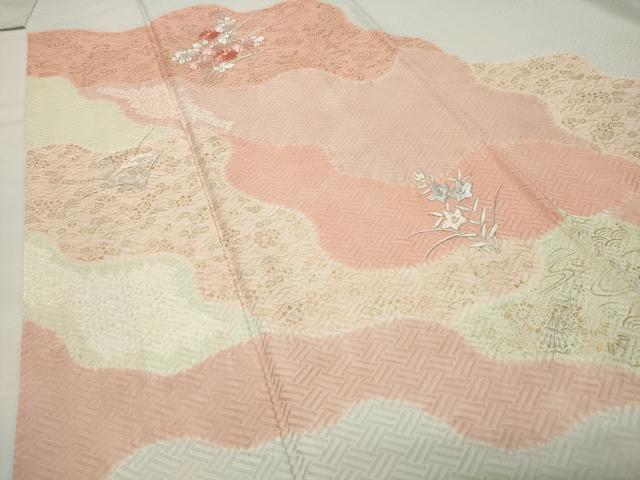 平和屋着物●訪問着　絞り　刺繍　草花文　金彩　正絹　逸品　CABD9449gh