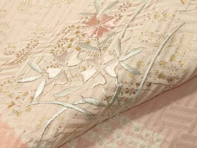平和屋着物●訪問着　絞り　刺繍　草花文　金彩　正絹　逸品　CABD9449gh
