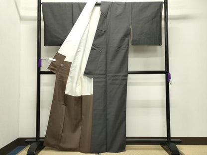 平和屋着物●結城紬　色無地　藍墨茶色　正絹　逸品　CABD9461gh