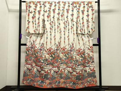 平和屋着物●訪問着　型染め　流水草花文　鬼しぼ縮緬　正絹　逸品　CABD9464gh