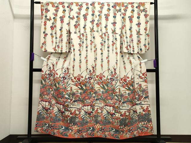 平和屋着物●訪問着　型染め　流水草花文　鬼しぼ縮緬　正絹　逸品　CABD9464gh