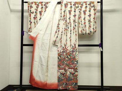 平和屋着物●訪問着　型染め　流水草花文　鬼しぼ縮緬　正絹　逸品　CABD9464gh