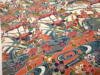 平和屋着物●訪問着　型染め　流水草花文　鬼しぼ縮緬　正絹　逸品　CABD9464gh