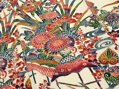 平和屋着物●訪問着　型染め　流水草花文　鬼しぼ縮緬　正絹　逸品　CABD9464gh