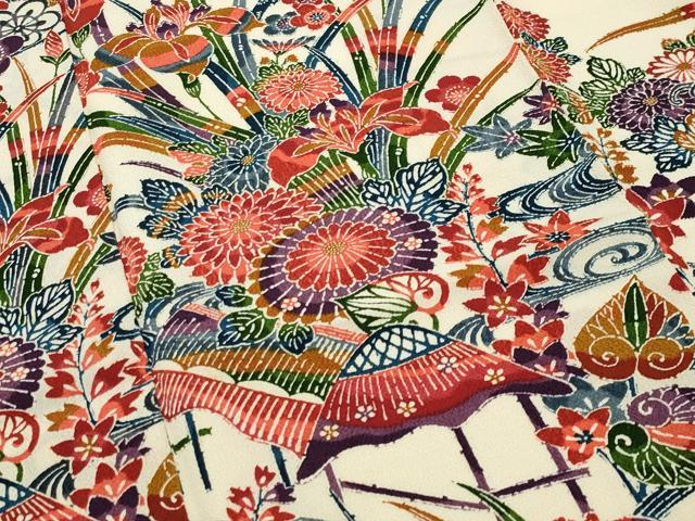 平和屋着物●訪問着　型染め　流水草花文　鬼しぼ縮緬　正絹　逸品　CABD9464gh