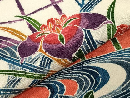 平和屋着物●訪問着　型染め　流水草花文　鬼しぼ縮緬　正絹　逸品　CABD9464gh