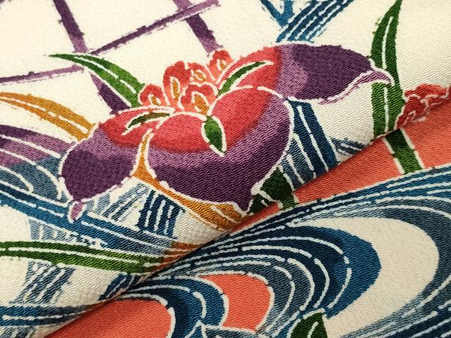 平和屋着物●訪問着　型染め　流水草花文　鬼しぼ縮緬　正絹　逸品　CABD9464gh