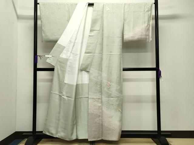 平和屋着物●訪問着　刺繍　流水草花文　金彩　正絹　逸品　CABD9470gh