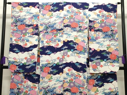 平和屋着物●豪華振袖　型染め　風景松竹梅文　鬼しぼ縮緬　正絹　逸品　CABD9474gh