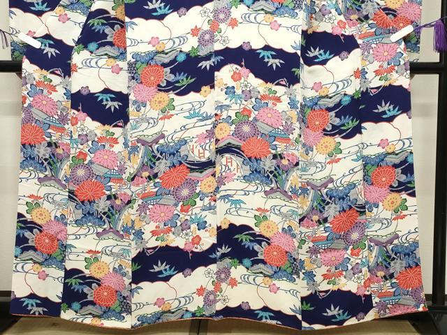 平和屋着物●豪華振袖　型染め　風景松竹梅文　鬼しぼ縮緬　正絹　逸品　CABD9474gh