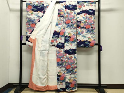 平和屋着物●豪華振袖　型染め　風景松竹梅文　鬼しぼ縮緬　正絹　逸品　CABD9474gh