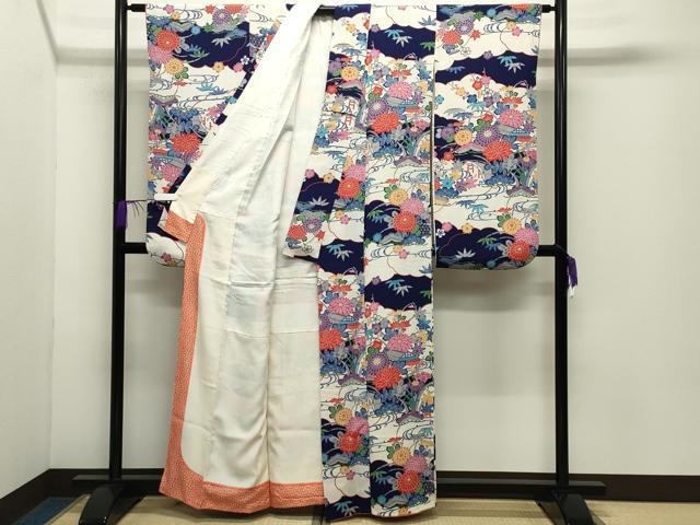 平和屋着物●豪華振袖　型染め　風景松竹梅文　鬼しぼ縮緬　正絹　逸品　CABD9474gh