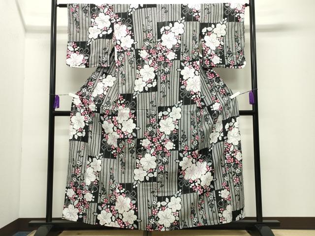 平和屋着物∴夏物 浴衣 市松舞桜文 黒地 綿 逸品 CABD9528gh