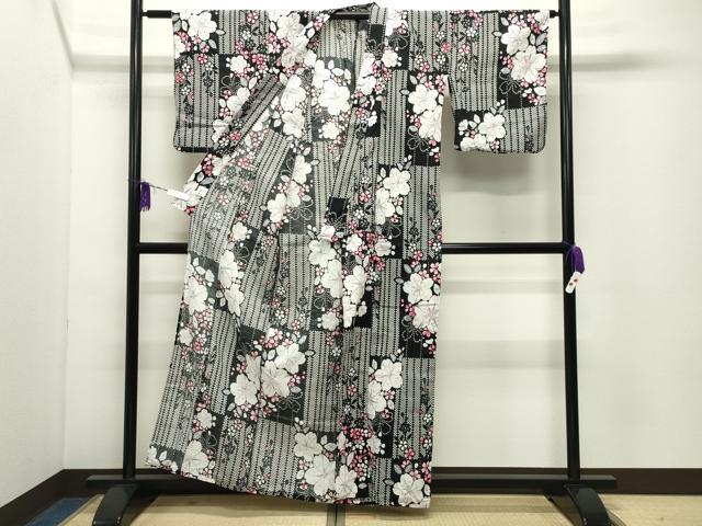 平和屋着物∴夏物 浴衣 市松舞桜文 黒地 綿 逸品 CABD9528gh