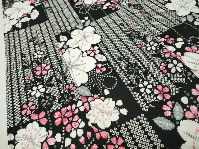 平和屋着物∴夏物 浴衣 市松舞桜文 黒地 綿 逸品 CABD9528gh