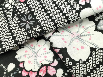 平和屋着物∴夏物 浴衣 市松舞桜文 黒地 綿 逸品 CABD9528gh