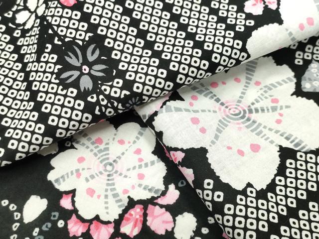 平和屋着物∴夏物 浴衣 市松舞桜文 黒地 綿 逸品 CABD9528gh