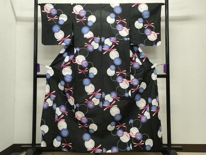 平和屋着物∴夏物 浴衣 トンボ 黒地 綿 逸品 CABD9538gh