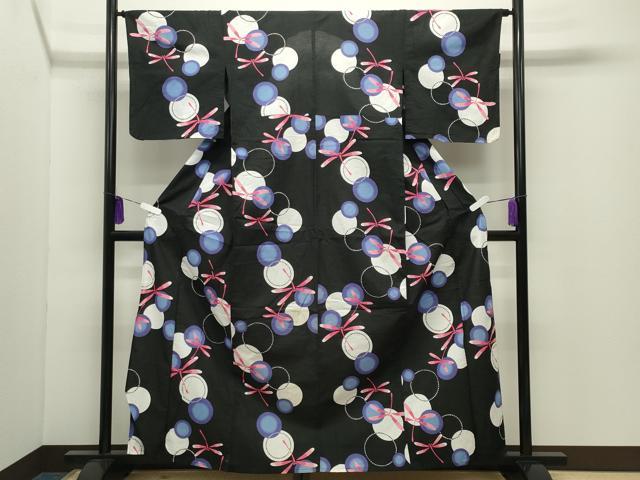 平和屋着物∴夏物 浴衣 トンボ 黒地 綿 逸品 CABD9538gh