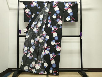 平和屋着物∴夏物 浴衣 トンボ 黒地 綿 逸品 CABD9538gh